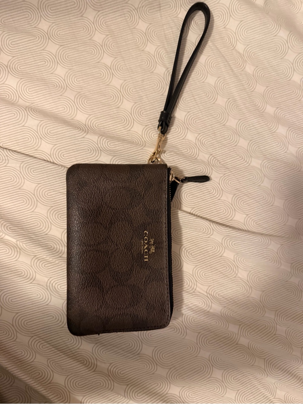 Coach Brown Leather Wristlet with Black Strap and Gold Accent